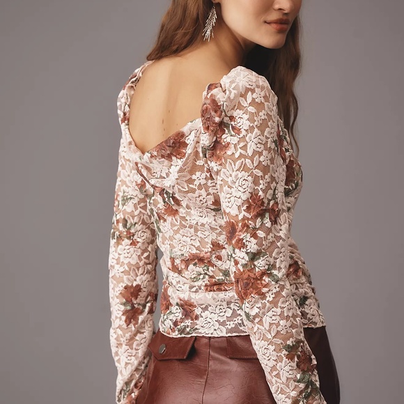 NWT Anthropologie Floral Rose Puff-Shoulder Lace Top - Size Medium - Picture 2 of 8